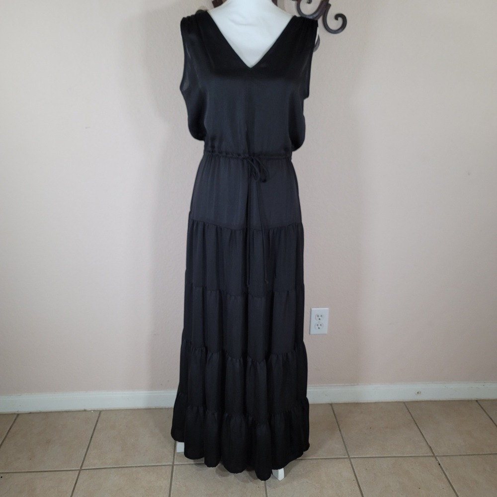 DKNY Maxi Dress Women Black Satin-Like Tiered V-Neck Drawstring Waist S